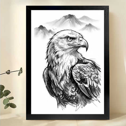 The Ink-Wash Style Eagle – Majestic Minimalist Wall Art on Natural Wood Canvas | W661