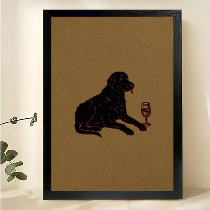 Vintage Black Labrador with Wine Glass Wall Art – Whimsical Dog Canvas Print on Natural Wood Frame | W2085
