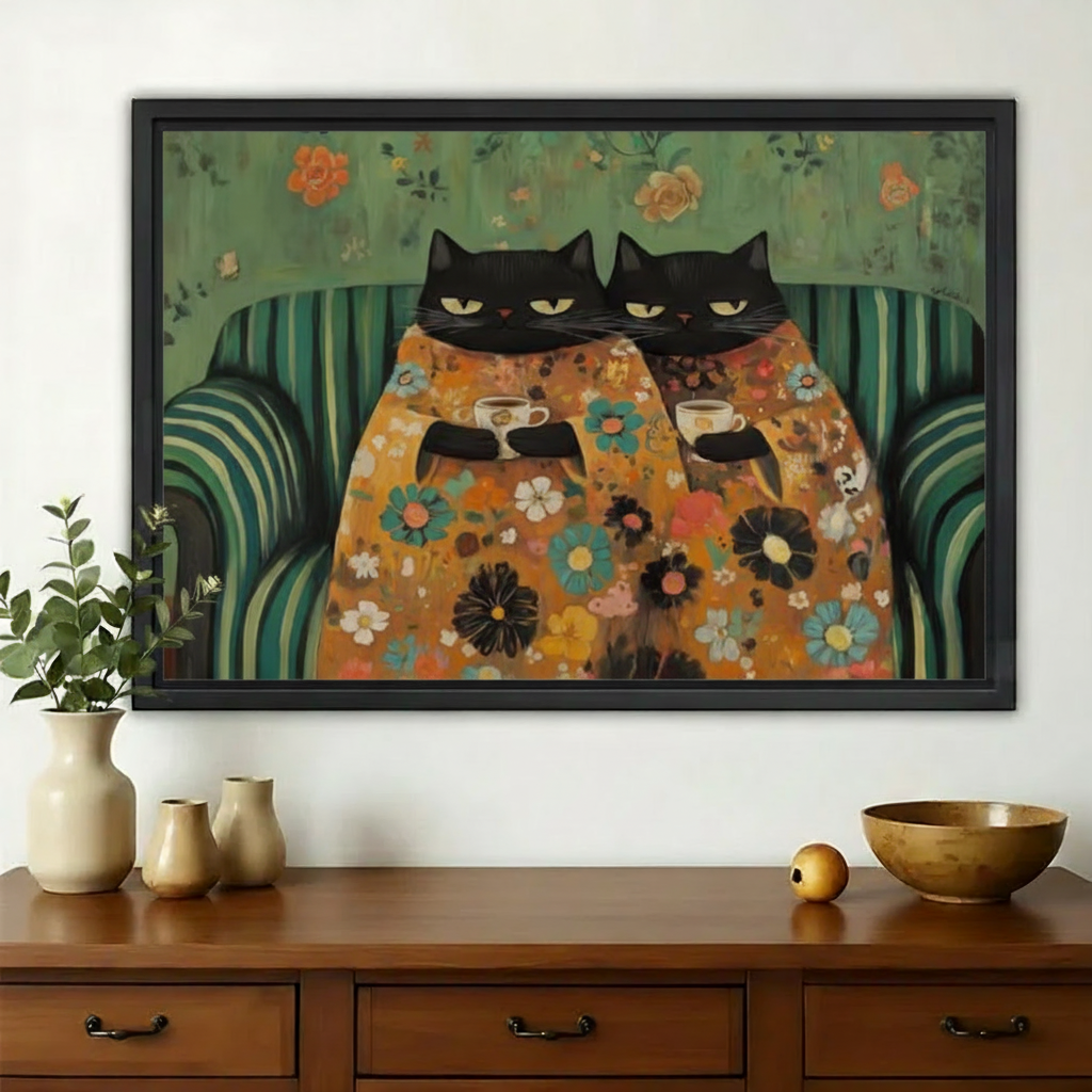 Two Black Cats in Floral Blankets – Cozy Vintage Wall Art on Natural Wood Canvas | W912