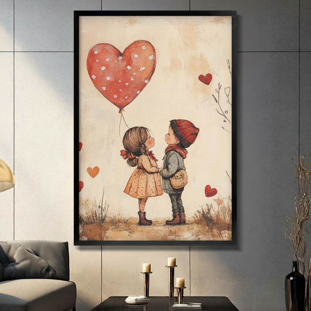 Romantic children heart balloon canvas wall art – whimsical vintage illustration for home decor