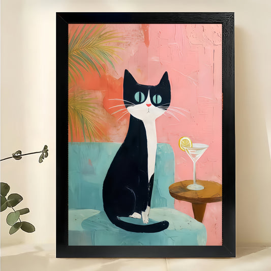 The Cocktail-Sipping Black Cat – Retro Chic Wall Art on Natural Wood Canvas | W576