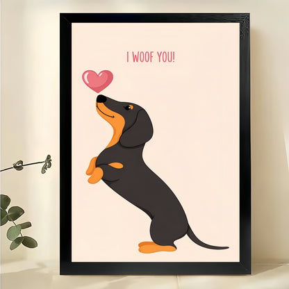“I Woof You” Dachshund with Heart – Sweet Romantic Pet Wall Art on Natural Wood Canvas | W694