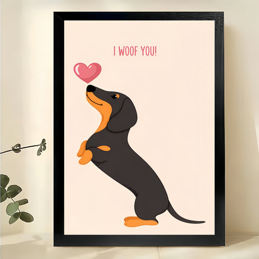 “I Woof You” Dachshund with Heart – Sweet Romantic Pet Wall Art on Natural Wood Canvas | W694