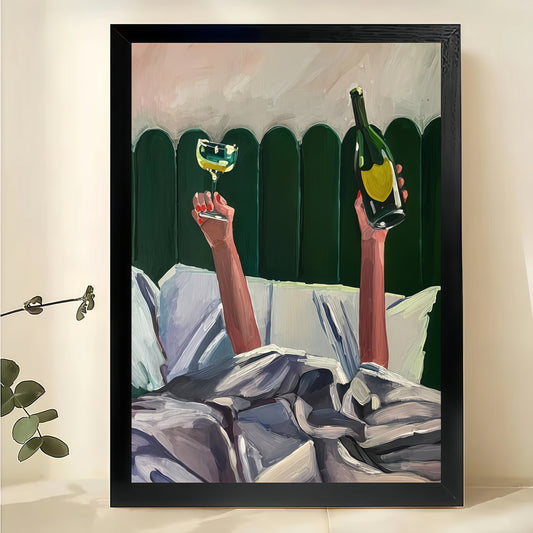 Champagne Toast in Bed – Luxury Celebration Oil Painting Wall Art on Natural Wood Canvas | W2059