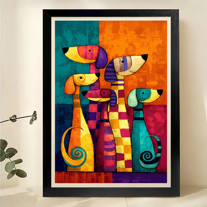 Colorful Abstract Dog Group Portrait – Vibrant Geometric Pet Wall Art on Natural Wood Canvas | W738