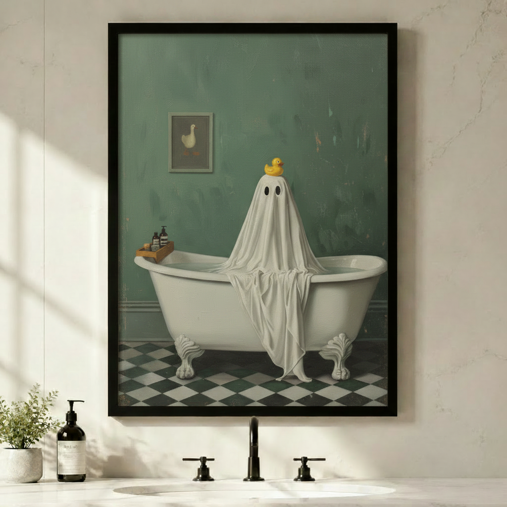 Vintage oil painting of a cute round white ghost draped in a white sheet sitting inside a white clawfoot bathtub with a small yellow rubber duck balanced on top of its head two black hollow oval eyes staring forward blankly a wooden bath caddy tray across the tub holding dark glass skincare bottles a small framed duck portrait hanging on the aged dark teal green distressed painted wall above and a classic black and white diamond checkerboard tile floor funny ghost bathroom art framed print displayed above a