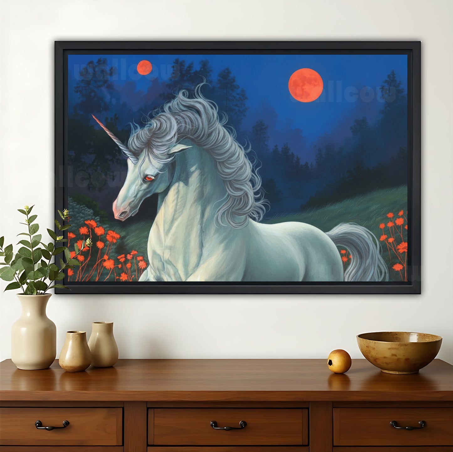 Moonlit Unicorn in Flower Field – Magical Fantasy Wall Art on Natural Wood Canvas | W702