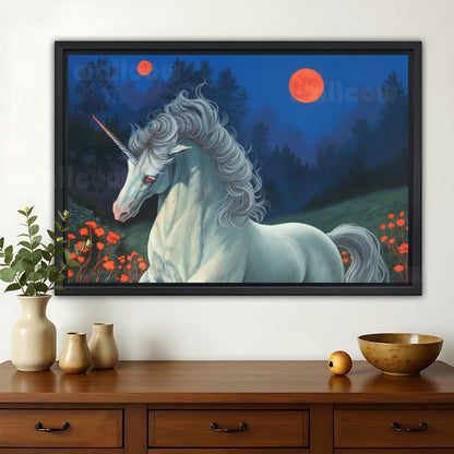 Moonlit Unicorn in Flower Field – Magical Fantasy Wall Art on Natural Wood Canvas | W702
