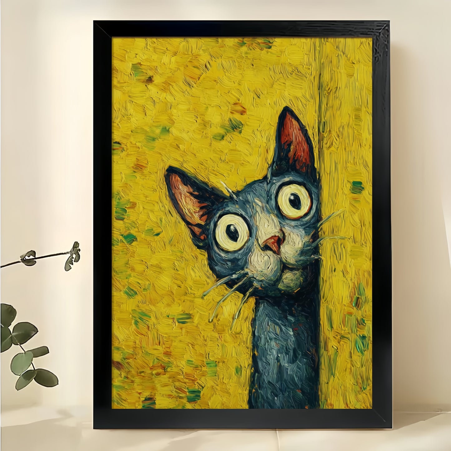 Peeking Black Cat Wall Art – Whimsical Vintage Oil Painting Style Cat Canvas Print | W2111