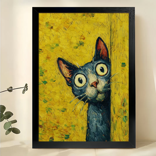 Peeking Black Cat Wall Art – Whimsical Vintage Oil Painting Style Cat Canvas Print | W2111