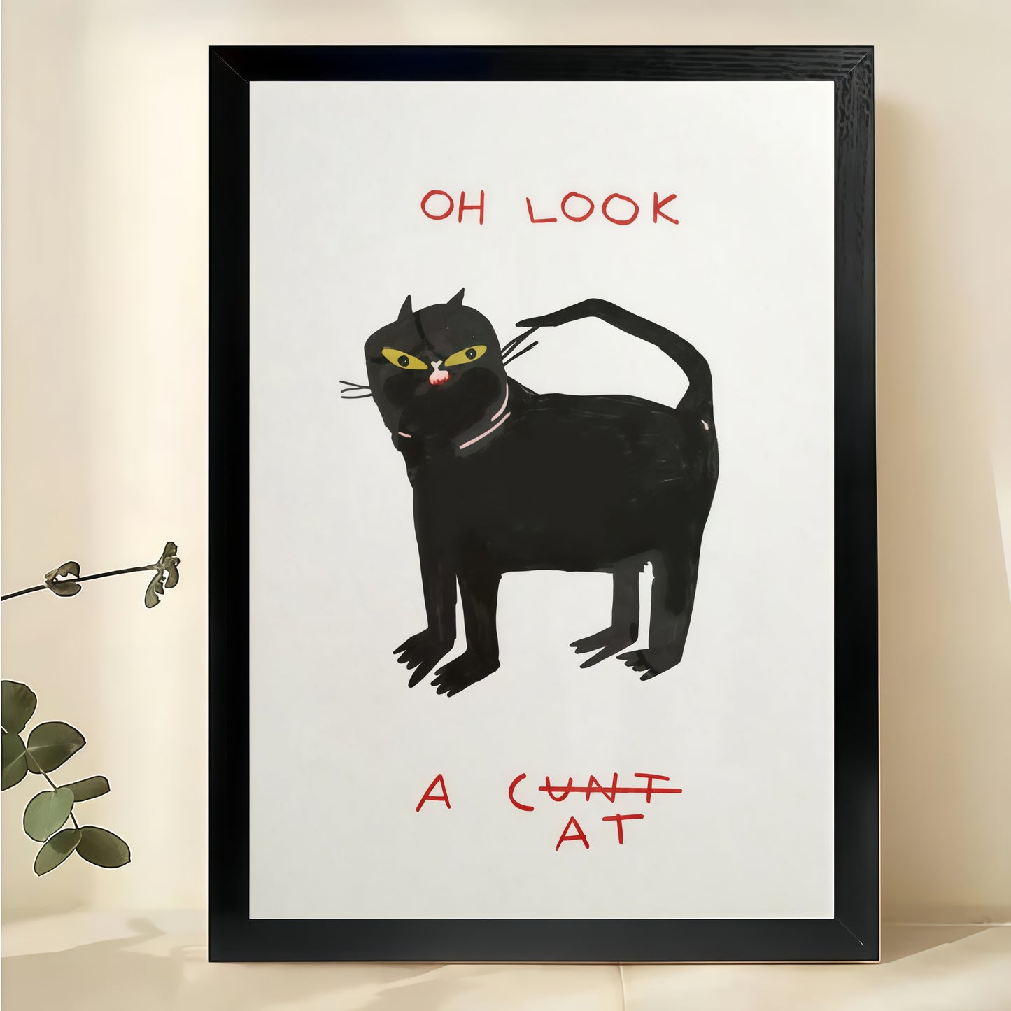Oh Look A Cunt At Sassy Black Cat – Humorous Retro Wall Art on Natural Wood Canvas | W970