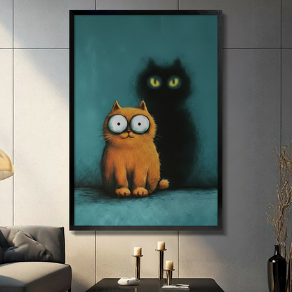 Framed wall art print of a wide-eyed orange cat with a mysterious black cat shadow on teal background, displayed in a modern living room