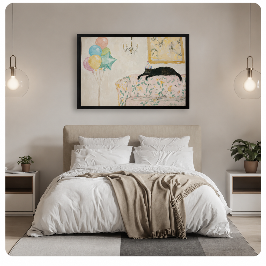 Black-framed wall art print of a party cat with colorful balloons hung above a neutral bedroom bed, showcasing a cozy and whimsical interior styling