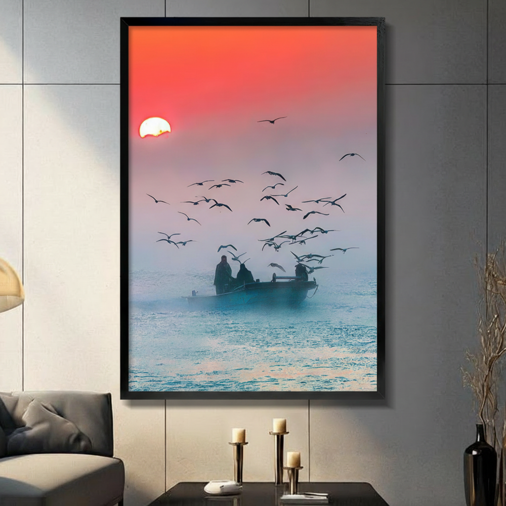 Fishermen silhouette on boat at sunrise surrounded by seagulls framed wall art - dramatic coastal photography style canvas print with coral red sky and misty teal ocean for living room decor
