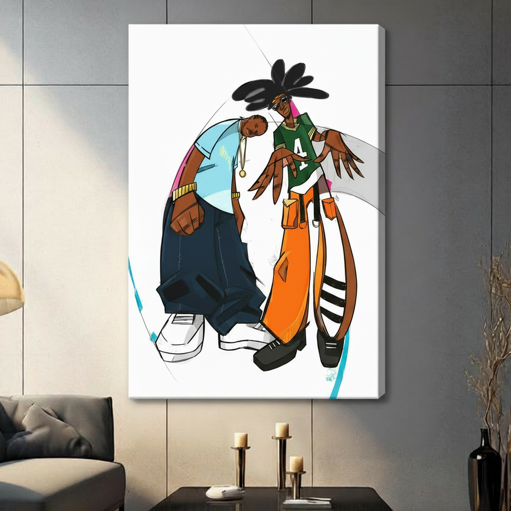 Framed canvas hip hop illustration featuring two stylish figures in orange and blue streetwear on white background
