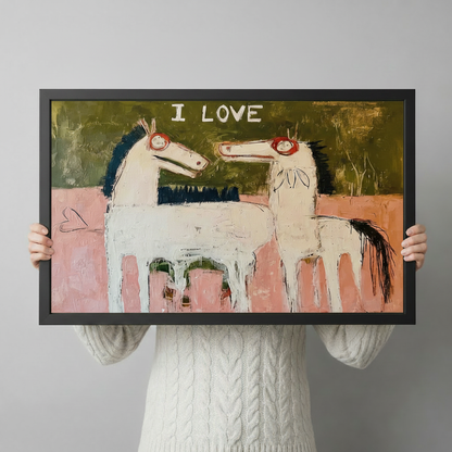 I Love horse couple framed wall art hand-held size reference, quirky primitive style canvas print in black frame
