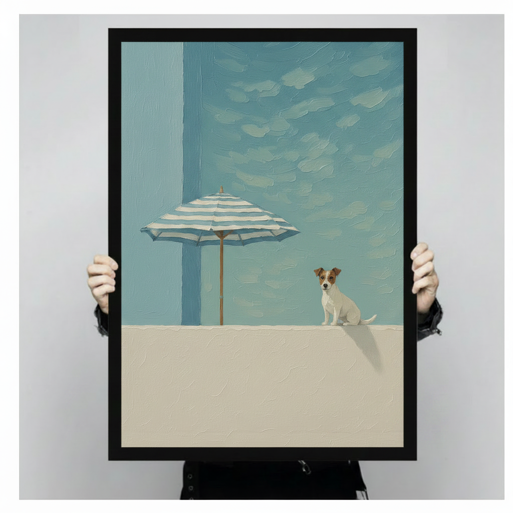 Person holding large black framed Jack Russell terrier and striped umbrella art print, showing print size and frame detail, minimalist coastal dog wall art