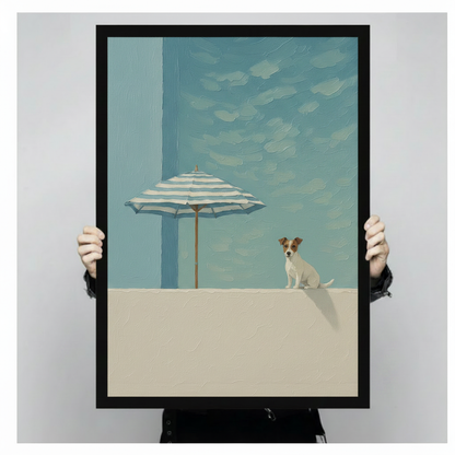 Person holding large black framed Jack Russell terrier and striped umbrella art print, showing print size and frame detail, minimalist coastal dog wall art