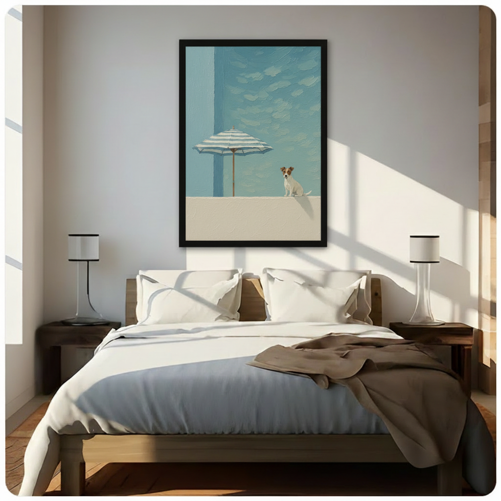 Black framed Jack Russell terrier beach umbrella wall art hung above bed in sunlit neutral bedroom, minimalist coastal dog print as calm bedroom decor