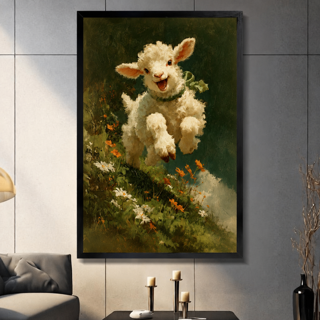 Joyful leaping white lamb vintage oil painting framed canvas wall art with wildflower meadow and daisy blooms