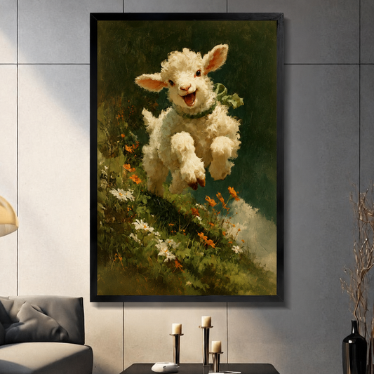 Joyful leaping white lamb vintage oil painting framed canvas wall art with wildflower meadow and daisy blooms