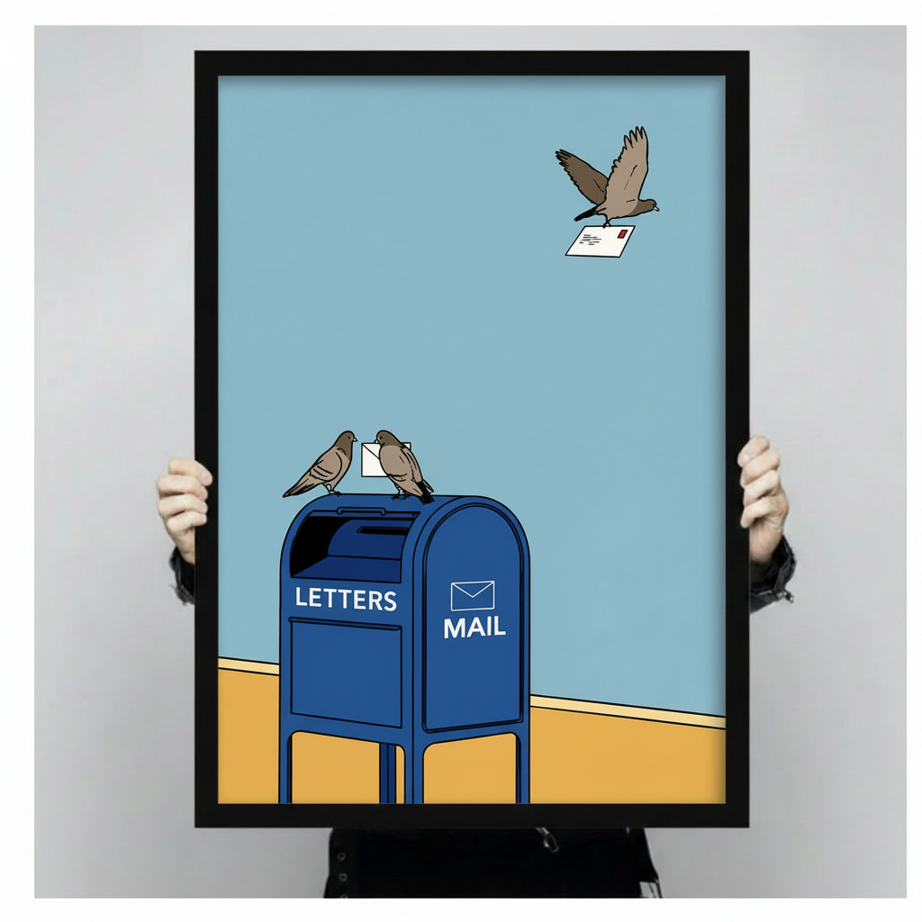 Person holding large black framed pigeon and blue mailbox art print, showing print size and frame detail, quirky bird letter wall art