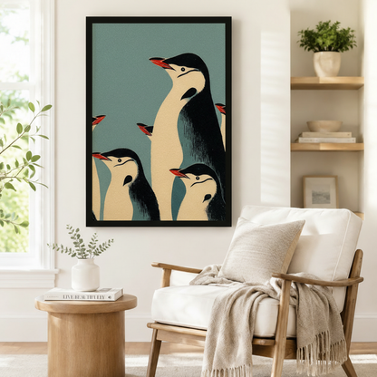 Retro emperor penguin family framed poster beside a Scandinavian armchair, vintage-style black cream and teal blue penguin wall art for reading nook or study