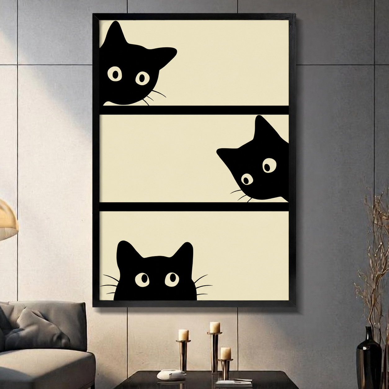 Black framed canvas print of three curious black cats peeking over edges of three beige horizontal panels in minimalist cartoon style, displayed on grey wall above console table with candles


