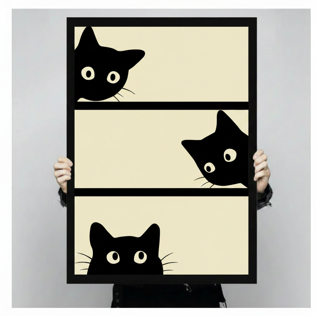 Hand-held black framed poster print of three playful black cats peeking over edges of three beige horizontal stripe panels in bold minimalist cartoon style
