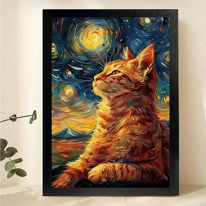 Starry Night Cat Wall Art - Van Gogh Style Orange Tabby Print| W1039