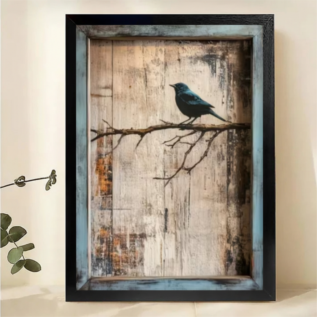 Blue Bird on Branch Wall Art - Rustic Vintage Print|W1294