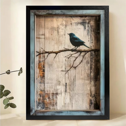Blue Bird on Branch Wall Art - Rustic Vintage Print|W1294