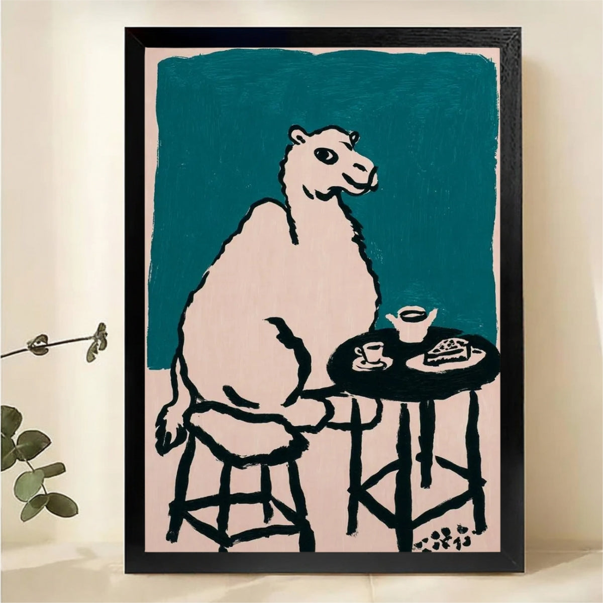 Camel at Coffee Shop Wall Art - Funny Minimalist Line Art Canvas Print|W1448