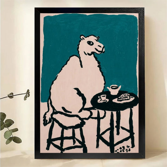 Camel at Coffee Shop Wall Art - Funny Minimalist Line Art Canvas Print|W1448