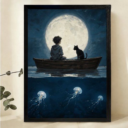 Boy and Black Cat on a Moonlit Boat Wall Art – Dark Fantasy Canvas Print on Natural Wood Frame | W2284