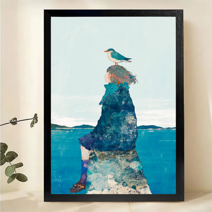 Girl on Rock with Seagull Wall Art - Dreamy Ocean Canvas Print|W1367