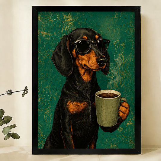 Dachshund with Coffee Mug Wall Art – Cool Vintage Dog Canvas Print on Natural Wood Frame | W2265