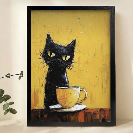 Black Cat Guarding a Coffee Cup Wall Art – Bold Impasto Oil Painting Canvas Print on Natural Wood Frame | W2176