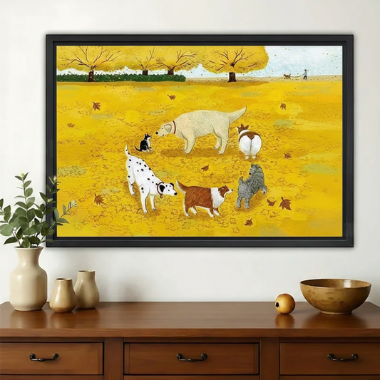 Six Dogs Playing in Autumn Park Wall Art – Joyful Folk Art Canvas Print on Natural Wood Frame | W2201