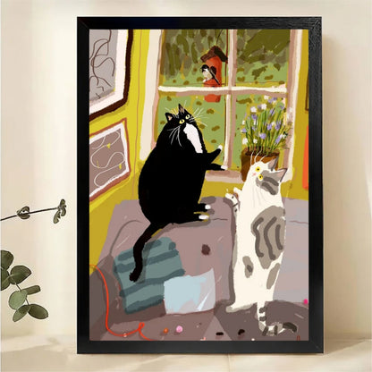 Two Cats Watching Bird by Window Wall Art - Cozy Illustrated Canvas Print|W1412