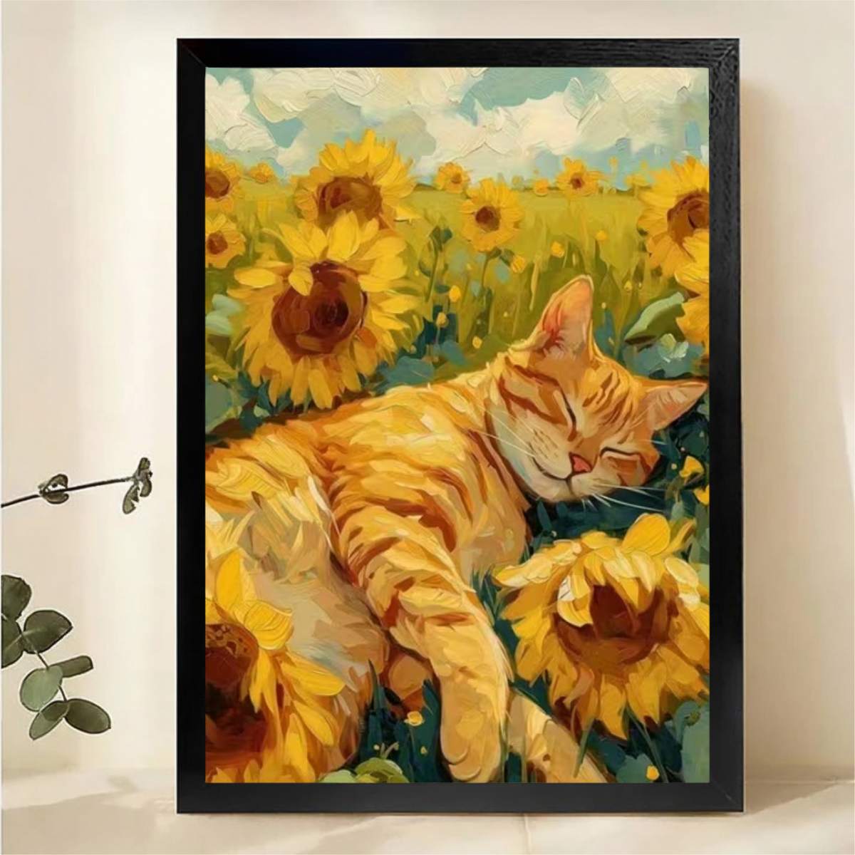 Orange Cat in Sunflower Field Canvas Art - Impressionist Style Print|W1070
