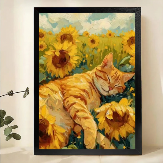 Orange Cat in Sunflower Field Canvas Art - Impressionist Style Print|W1070