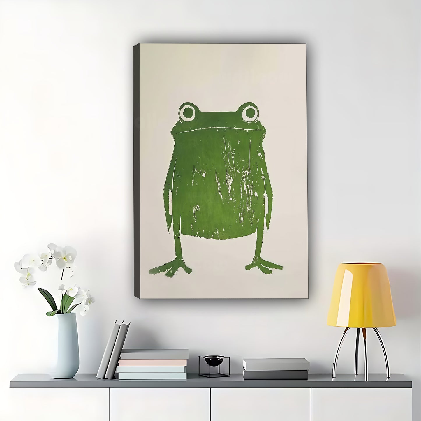 The Minimalist Line Art Green Frog – Sleek Modern Wall Art on Natural Wood Canvas | W604