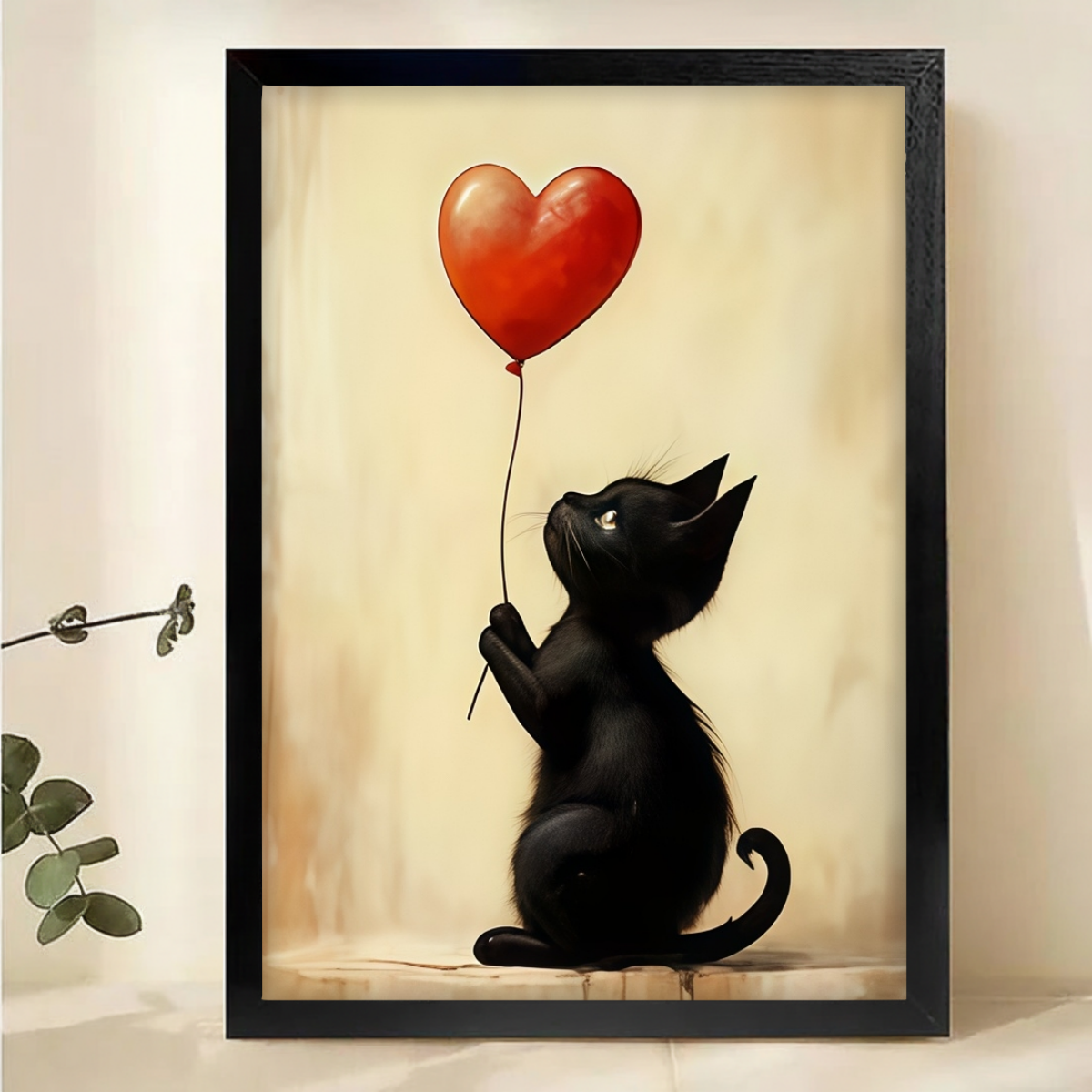Black Cat Heart Balloon Print - Cat Lover Gift|W1102