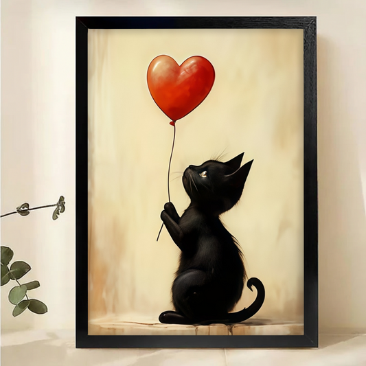 Black Cat Heart Balloon Print - Cat Lover Gift|W1102