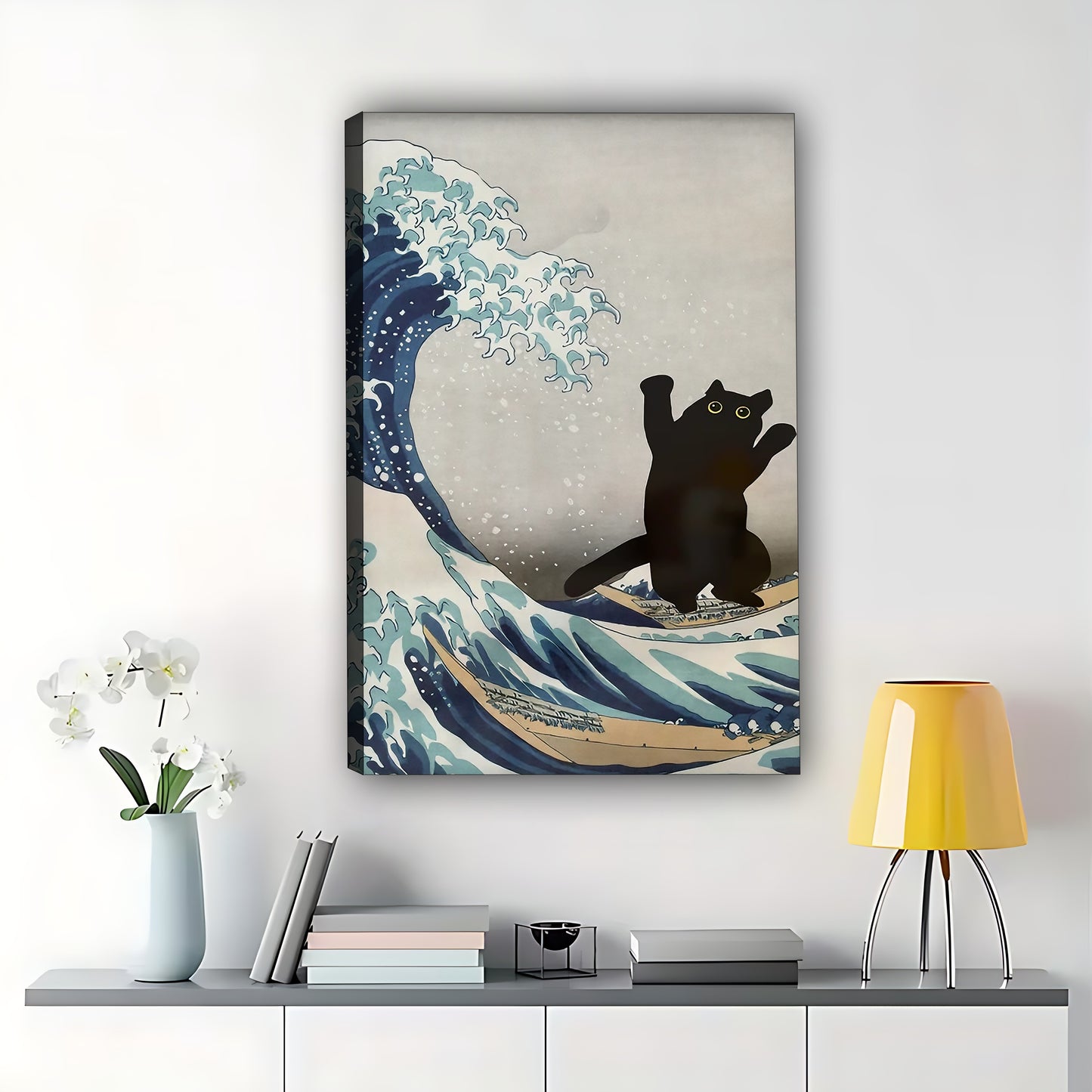 The Wave Riding Black Cat – Dramatic Ocean Feline Wall Art on Natural Wood Grain Canvas | W491