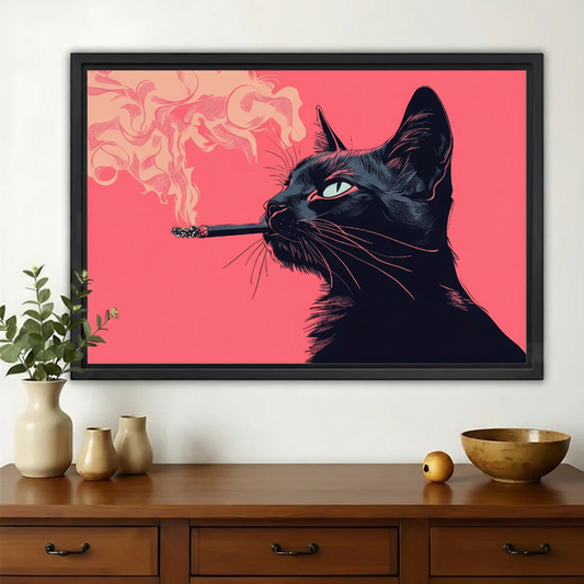 Smoking Black Cat Wall Art – Bold Pink Pop Art Canvas Print on Natural Wood Frame | W2166