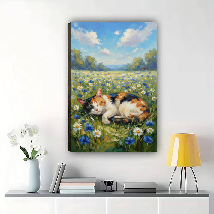 Calico Cat in Wildflower Meadow Wall Art - Spring Landscape Print| W1048