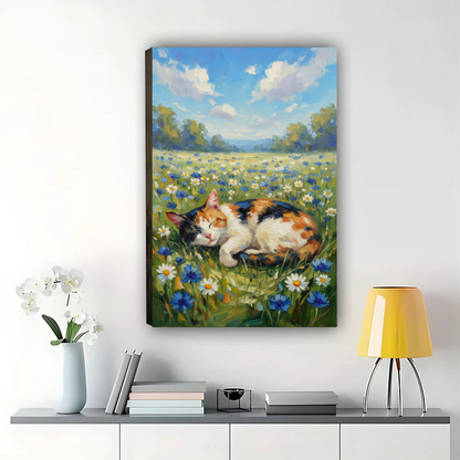 Calico Cat in Wildflower Meadow Wall Art - Spring Landscape Print| W1048