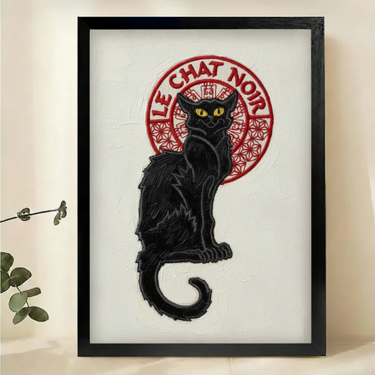 Le Chat Noir Embroidery-Style Wall Art – Vintage Cabaret Black Cat Canvas Print on Natural Wood Frame | W2215